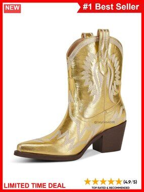 Metallic PU Leather Ankle Cowboy Boots Pointed Toe Chunky Heel Wide Calf